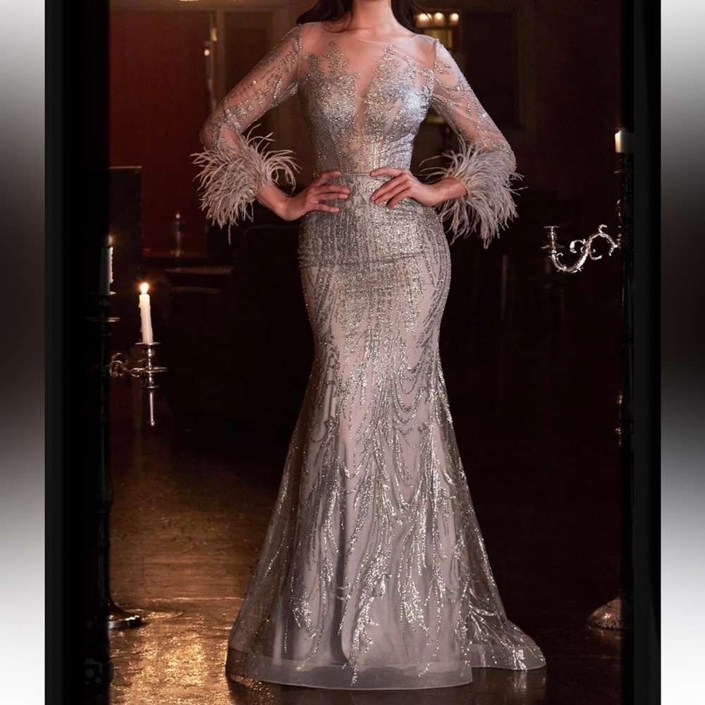 CINDERELLA DIVINE Fitted Long Glitter Evening Dress With Feathers Sleeves